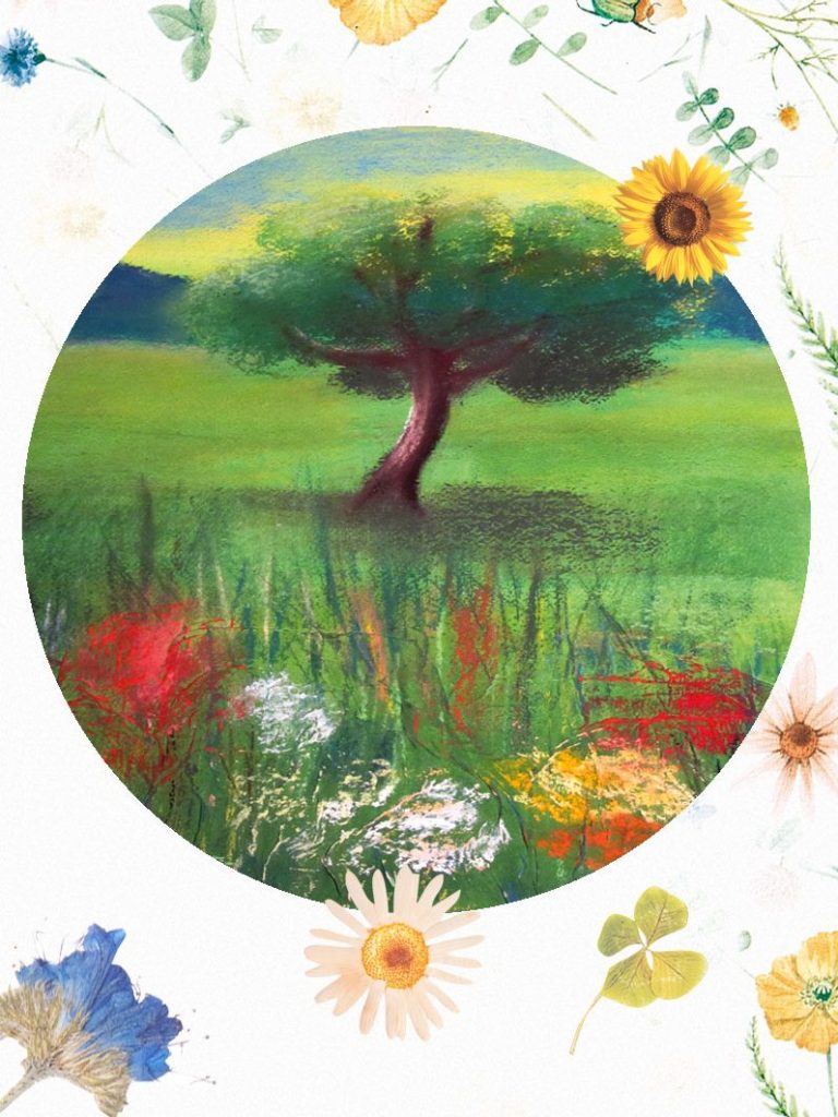 Farbige Landschaft mit einem Baum und bunten Blumen in einem ovalen Rahmen.