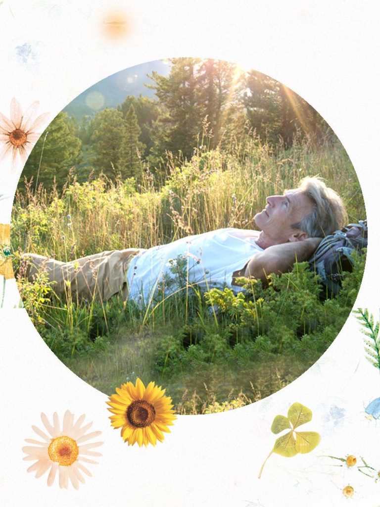 Eine Person liegt entspannt im Gras, umgeben von einer natürlichen Landschaft.