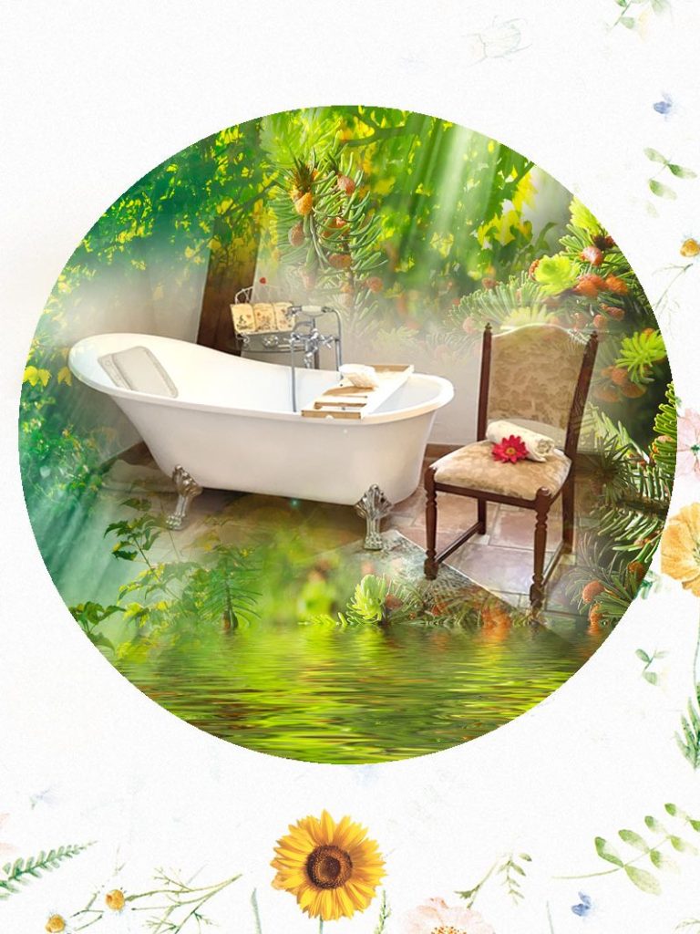 Nostalgisches Kräuterkraft-Vollbad Ein elegantes Badezimmer mit einer freistehenden Badewanne und einem Stuhl in einer grünen Umgebung.
